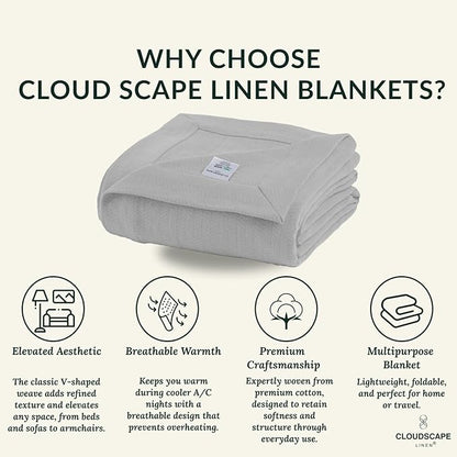 Cloud Scape Linen 100% Cotton Blanket 92x92 Charcoal Grey - Cozy Herringbone Weave, Fits Up to for Full Size Beds, Breathable Softness, All-Season Warmth, Winter Blanket, for Women