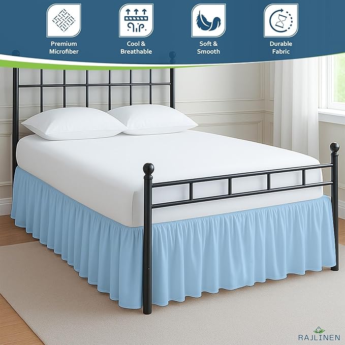 Rajlinen Ruffled Bed Skirt Full XL, 12 Inch Drop Dust Ruffle with Split Corners, 100% Microfiber Bedskirt with Platform, Three-Sided Coverage Ruffled Gathering Design, Light Blue