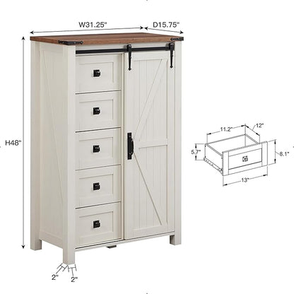 T4TREAM 5 Drawers Dresser for Bedroom w/Sliding Barn Door, Farmhouse Modern Tall Dresser 5 Chest of Drawers, Storage Organizer for Bedroom, Hallway, Living Room, Kids Room, Antique White