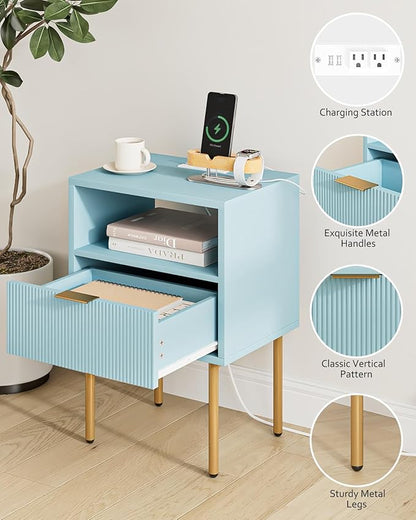Masupu Nightstand with Charging Station,Mid-Century Modern Bedside Table with Storage Drawer and Open Wood Shelf,Small Gold Frame Side Table for Bedroom,Living Room (Blue)