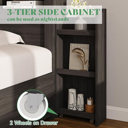 AMERLIFE Queen Bed Frame with 4 Storage Drawers, LED Bed Frame with 49.6" Tall Bookcase Headboard, Wood Platform Bed with Charging Station & 2 Slide Bedside Shelf, No Box Spring Needed/Black