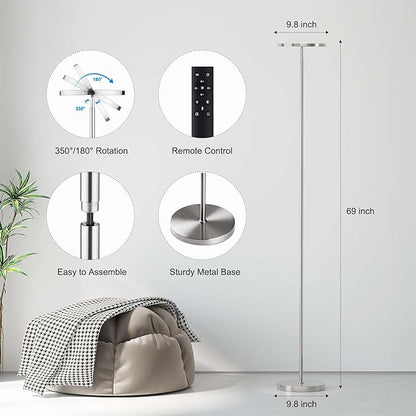 SUNMORY Floor Lamps for Living Room, 32W/3000LM Super Bright LED Floor Lamp with Remote Control, 69" Tall Standing Lamp with Stepless Dimmable, Modern Torchiere Corner Lamp for Bedroom, Office Nickel