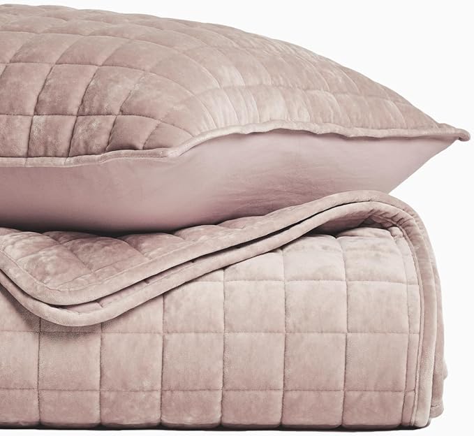 RECYCO Luxury Velvet Quilt Twin/Twin XL Size Bedding Set, Ultra Soft Velvet Comforter Set, Lightweight Quilted Channel Box Stitch Oversized Bedspread Coverlet for All Season, with 1 Sham, Rose Pink