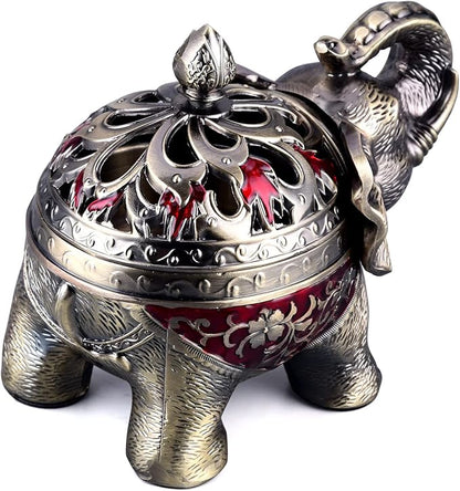 K COOL Metal Backflow Incense Holder Elephant Cone Incense Burner Candle Holder with Lid, Aromatherapy Ornament Home Office Decoration for Indoor Outdoor (Red)