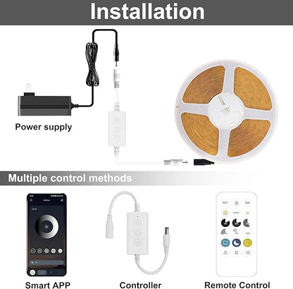 COB LED Strip Light 4000K, 24ft Dimmable Natural White LED Strip Light, CRI92+, DC24V Tape Light with RF Remote, Timer Function, Bluetooth App Control for Home Bedroom Kitchen DIY Lighting.