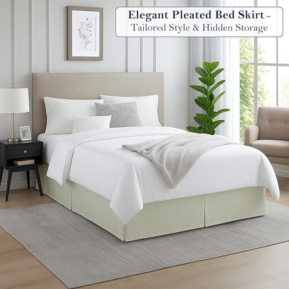 Queen Bed Skirt, Luxury 18 Inch Drop Ivory Pleated Bed Skirt, Double Brushed Microfiber, Box Pleat Design, Wrinkle & Fade Resistant, Easy Fit Tailored Bedskirt for Queen Size Beds
