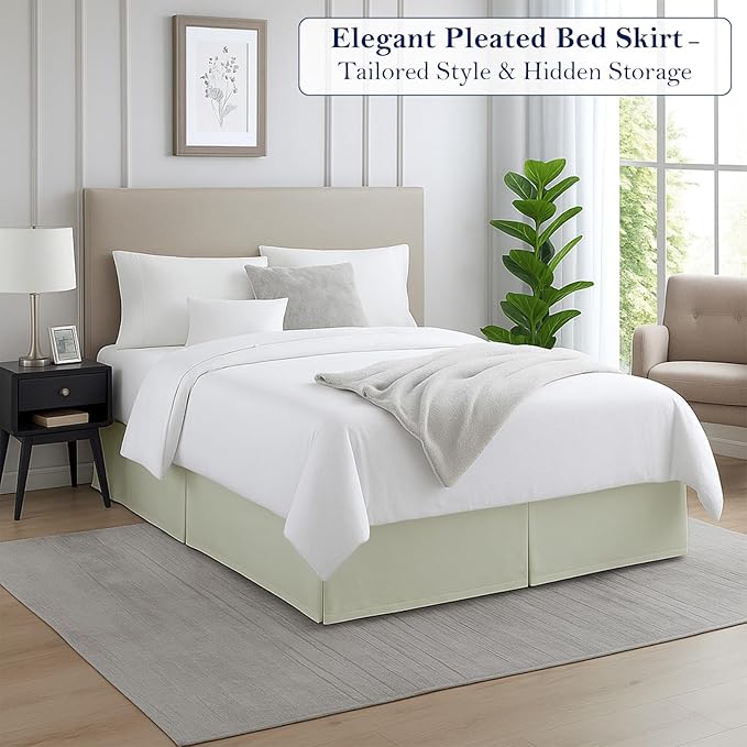 King Bed Skirt, Luxury 15 Inch Drop Ivory Pleated Bed Skirt, Double Brushed Microfiber, Box Pleat Design, Wrinkle & Fade Resistant, Easy Fit Tailored Bedskirt for King Size Beds
