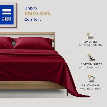 THREAD SPREAD 100% Cotton Bed Sheets Twin XL Set - 400 Thread Count Cotton Twin XL Sheets Only, 3 PC Set (Burgundy), Soft, Breathable, Cooling, Sateen Weave 16" Deep Pocket Bedsheet for Hot Sleepers