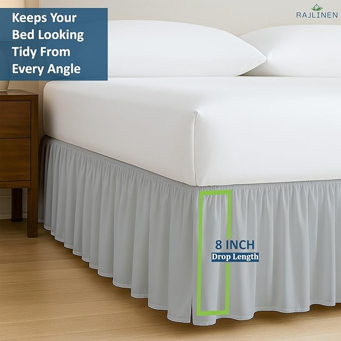 Rajlinen Ruffled Bed Skirt King, 8 Inch Drop Dust Ruffle with Split Corners, 100% Microfiber Bedskirt with Platform, Three-Sided Coverage Ruffled Gathering Design, Light Grey