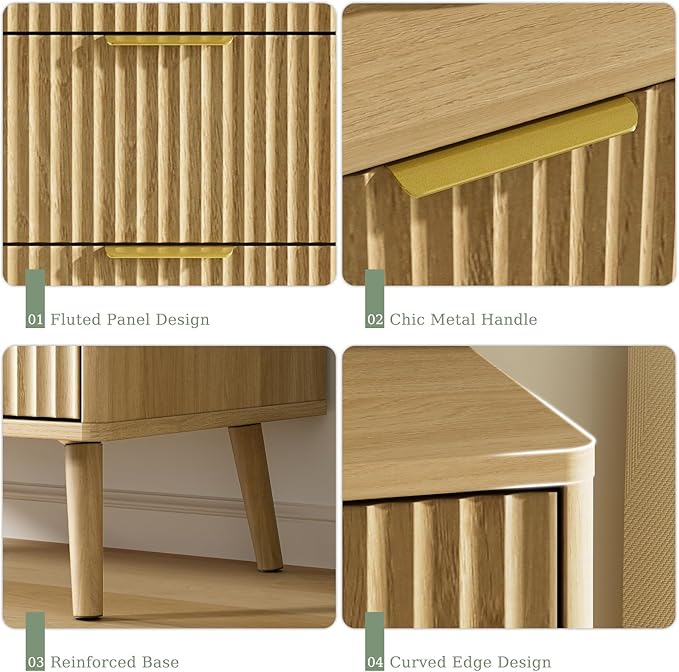 LYNSOM Fluted Dresser and Nightstand Sets 3 Piece, 5-Drawers Dresser and 1-Drawer Nightstands Set of 2, Wood Bedroom Furniture Set for Home, Bedroom, Hallway, Oak