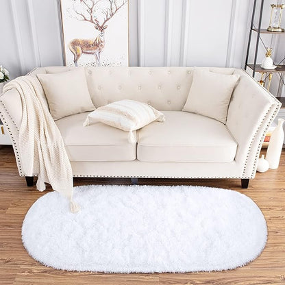 Noahas Fluffy White Rugs for Bedroom Living Room,2'X5' Oval Throw Rug for Kids Room,Shag Hallway Runner Rug,Small Soft Shaggy Bedside Non-Slip Plush Nursery Dorm Carpet Home Decor Aesthetic