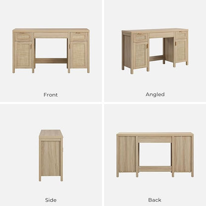 SICOTAS 2 Pieces Rattan Vanity Home Office Desk - Big Boho Makeup Vanities Benches with Drawers & Storage Cabinets, Dressing Vanity Table for Makeup Room, Bedroom, Home Office, Light Oak