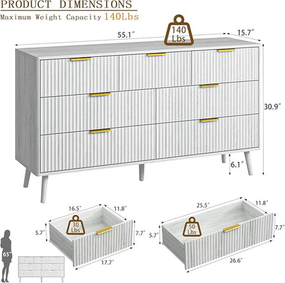 CARPETNAL Fluted 7 Drawer Dresser for Bedroom, 55" Wide Wooden Chest of Drawers with Rounded Corners, Gold Handles, Modern Storage Organizer for Bedroom, Hallway(White)