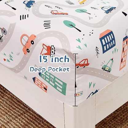 JSD Car Kids Printed Sheet Set Full Size, 4 Piece Soft Microfiber Bed Sheets Deep Pocket