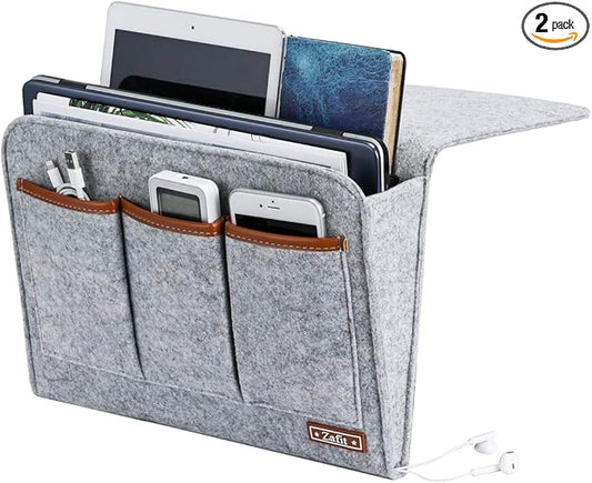 Bedside Caddy, 6 Pockets Large Size Bedside Storage Organizer Bedside Organizer Caddy for Magazine Remotes Phone (13.4'' x 18.1'', Light Grey)