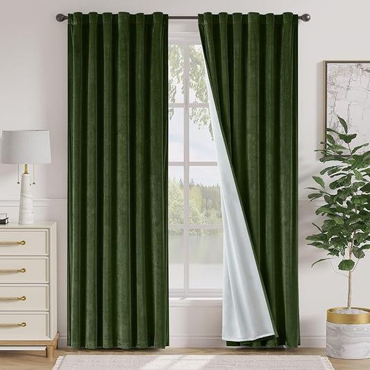 Lazzzy Green Velvet Blackout Curtains 90 Inches Long Thermal Insulated Room Darkening Lined Curtain Drapes Luxury Back Tab Window Treatments for Bedroom Living Room 2 Panels, 52 x 90 Inch, Moss Green