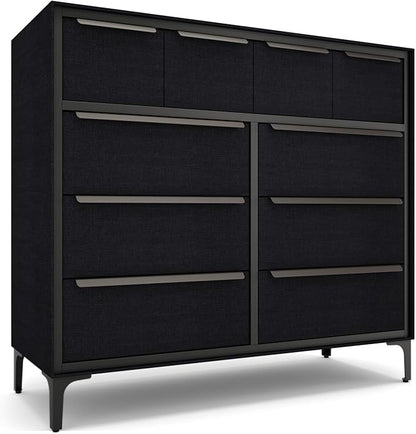 Naima Premium Fabric Dresser - Strong Metal Frame, 10 Spacious Sag-Proof Drawers with Sleek Metal Handles - Premium & Durable Storage Solution for Your Home (Black)