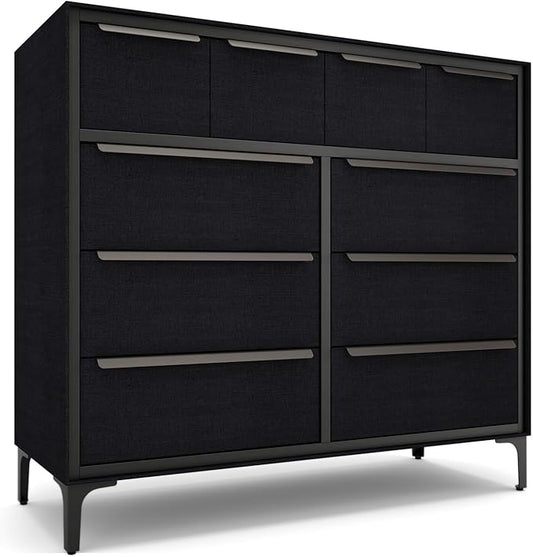Naima Premium Fabric Dresser - Strong Metal Frame, 10 Spacious Sag-Proof Drawers with Sleek Metal Handles - Premium & Durable Storage Solution for Your Home (Black)