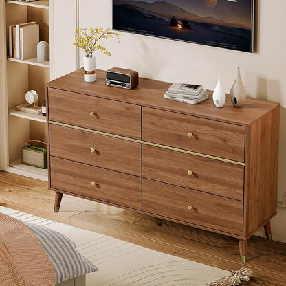 6 Drawer Dresser,47" Wide Mid Century Chest of Drawers,Wooden Bedroom Drawer Dresser with 6 Storage Drawers for Bedroom,Living Room,with Anti-Tipping Device,Walnut.HT