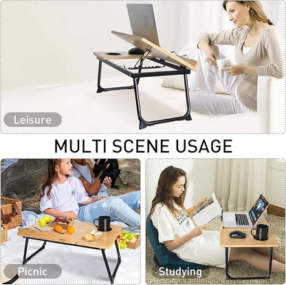 wishacc Book Stand for Reading in Bed, Bamboo Laptop Stand Adjustable Book Holder Tray with Page Paper Clips Multi Angles Adjustable Cooking Bookstands for Textbook Recipe Magazine Tablet Portable
