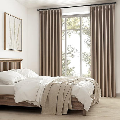Topfinel 94 Inches Long Taupe Flax Custom Blackout Linen Curtains, Viral Ivory Pinch Pleated Noise Cancelling Curtains with Pin Hooks for Traverse, Burlap Viral Drapes 2 Panels for Living Room