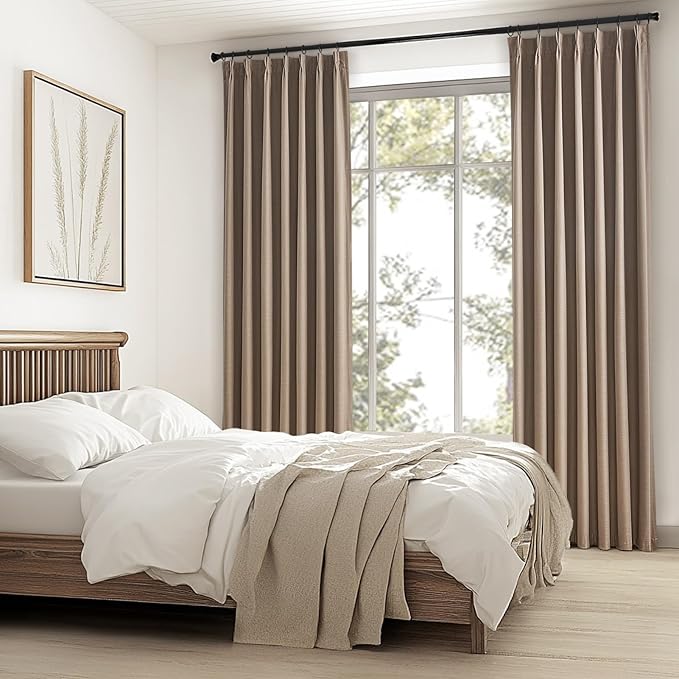 Topfinel Taupe Burlap Linen Blackout Curtains & Drapes 84 Inch Length 2 Panels Set, Pinch Pleated Flax Linen Brown Tan Beige Soundproof Cabin Curtains with Hooks Rings for Bedroom Living Room
