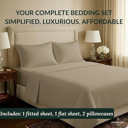 Cloud Scape Linen 100% Egyptian Cotton Sheets for Queen Size Bed, 400 Thread Count, 4 Pieces Bedding Set, Hotel Quality, Silky Soft, Deep Pockets up to 17”, Taupe