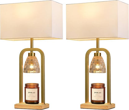 PoKat Gold Table Lamps for Bedroom with Candle Warmer & Timer, Mid Century Modern Bedroom Lamps for Living Room Night Stands, Bedside Lamps for End Table, Dinning, Bathroom, Bulbs Included