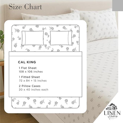 Linen Home 100% Cotton Printed Percale Sheets California King Size, Deep Pocket, 4 Pieces Set - 1 Flat, 1 Deep Pocket Fitted Sheet and 2 Pillowcases, Crisp Cool Bed Linen, Grey Silhouette Floral