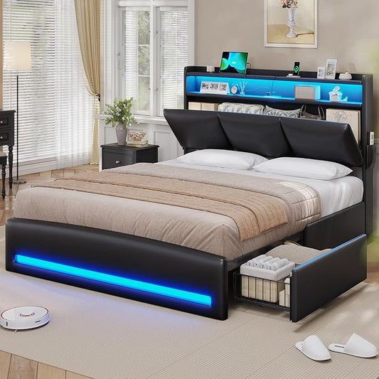 VIAGDO Full Size Bed Frame with Storage Headboard and Charging Station, Leather Upholstered Bed Frame Full Size with 4 Drawers and LED Lights, Type C and USB, No Box Spring Needed, Black
