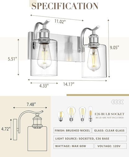2-Light Bathroom Vanity Light, Brushed Nickel Wall Sconce, Modern Bathroom Light with Clear Glass, VL01BN-2