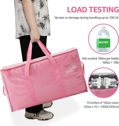 Moving Bags Heavy Duty Extra Large, Moving Boxes, Moving Supplies Essentials,Storage Bins with Lids, Plastic Packing Totes, Storage Bags for Clothes with Handles & Zippers(Pink, 4 Pack)