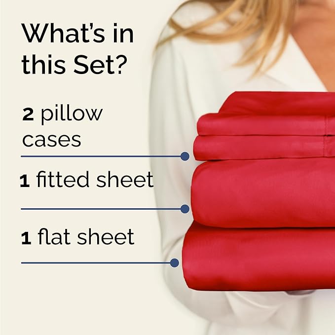 Twin 4 Piece Sheet Set - Cooling, Comfy & Breathable - Hotel Luxury Bedding - Includes Fitted Sheet for Women, Men, Kids and Teens - 1 Flat, 1 Fitted Sheet, 2 Pillowcases with Deep Pockets - Red
