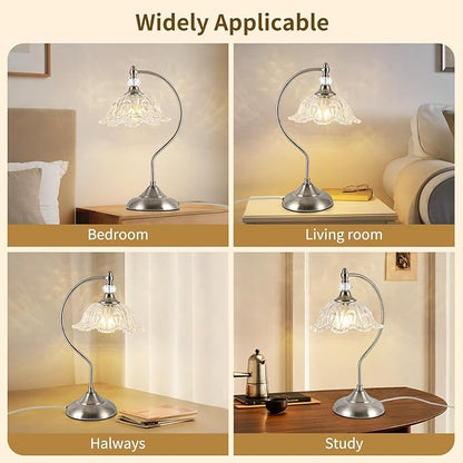 Brushed Nickel Table Lamp with a Floral Clear Glass Shade, A Plug-in Nightstand Lamp in Brushed Nickel Finish for Bedroom, Living Room,Office, and Desk