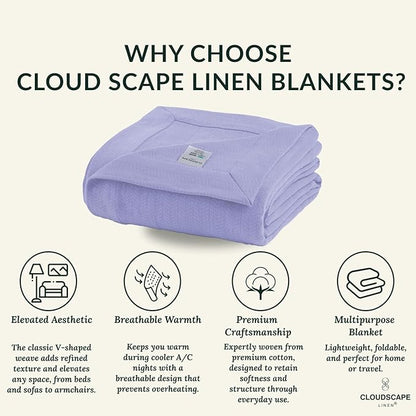 Cloud Scape Linen 100% Cotton Blanket King 92x108 Lavender Blue - Cozy Herringbone Weave, Fits Up to Cal King Beds, Breathable Softness, All-Season Warmth, Heavy Layering Winter Blanket