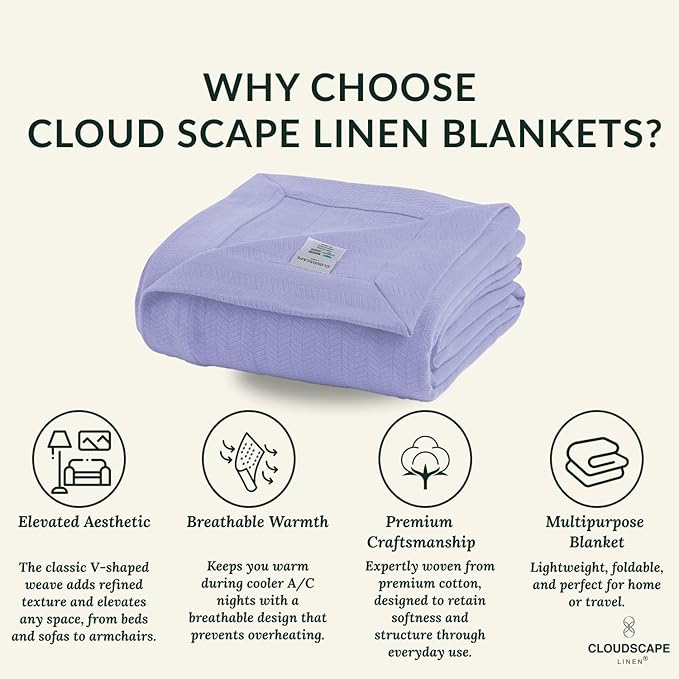 Cloud Scape Linen 100% Cotton Throw Blanket 50x70 Lavender Blue, Luxury All-Season Warmth, Ultra Soft, Oversized Herringbone Gauze Blanket for Winter, Bed, Couch & Sofa Decor, Best Gift Idea