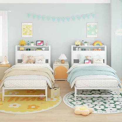 Twin Bed Frames with Charging Station, 2 Tiers Storage Headboard Twin Sized Bed No Box Spring Needed Heavy Duty Metal Platform, White