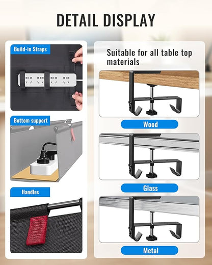 28" No Drill Under Desk Cable Management Tray - Upgraded Oxford Fabric with Cable Loop, No Damage to Table for Standing Desks and Home Office (Regular (28 Inch))