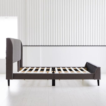 Livinia Sunset Queen Size Wingback Platform Bed, Fabric Upholstered Queen Bed Frame with Vertical Channel Tufted Headboard Footboard, Strong Wood Slats, No Box Spring Needed, Gray (Queen)