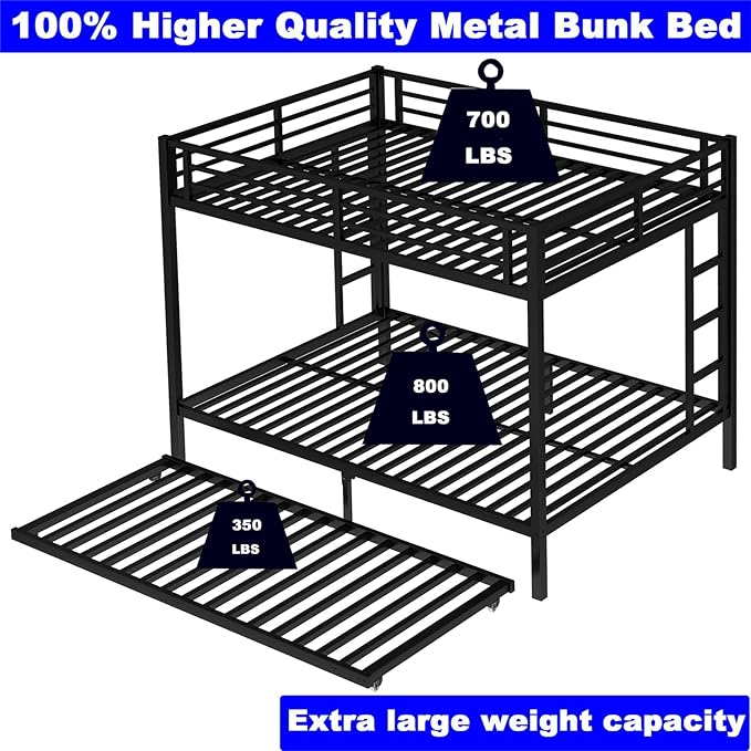 Upgraded Version Thicken Heavy Duty Metal Queen Bunk Bed with Twin Size Trundle, Modern Style Stronger Bunk Bed Frame for Adults, Easy Assembly (Queen Over Queen)