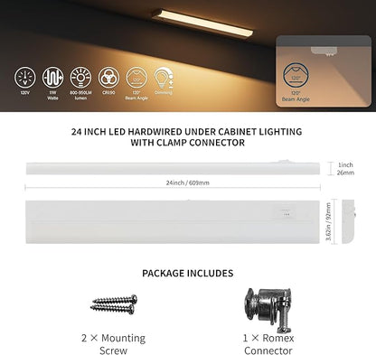 ZAGO 24 Inch Hardwired Under Cabinet Lighting - 5CCT Switchable, Undercounter Led Lights with Clamp Connector for Kitchen, 120V, 11W, 800-950LM, ETL & Damp Rated, White, 4 Packs