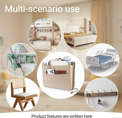 Seefoo Bedside Caddy, Large Bed Caddy Organizer with Cord Slit, Magazine Holder for Books, Remotes, Bunk Bed Storage Pocket with Strong-Grip Loop Tape Sticky for Dorm, Bedroom, Sofa Beige