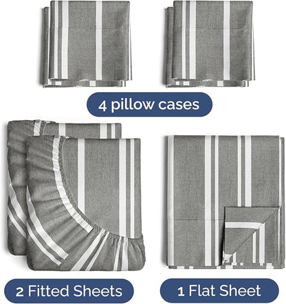 Split King 7 Piece Sheet Set - Cooling & Breathable - Hotel Luxury Bedding Includes Fitted Sheets for Women, Men, Kids & Teens - 1 Flat, 2 Fitted Sheets, 4 Pillowcases w/Deep Pockets - Grey Stripes