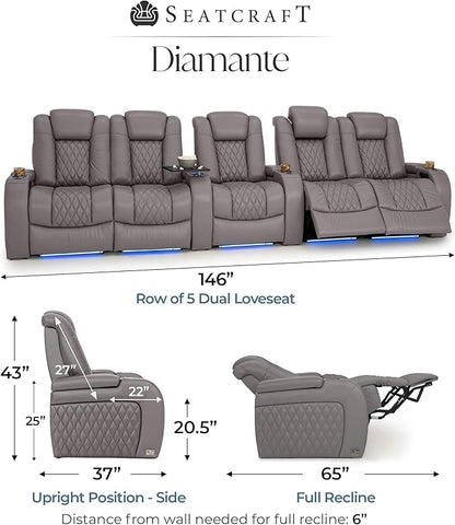 Seatcraft Diamante Zero-Gravity CoolZero Italian Leather Home Theater Seating, Power Headrest, Power Recline, Row of 5 Dual Loveseats, Gray