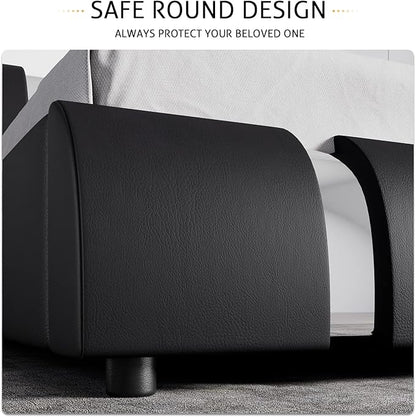 SHA CERLIN Modern Faux Leather Queen Bed Frame with Adjustable Headboard and Iron Accents, Deluxe Upholstered Platform Bed with Solid Wooden Slats Support/No Box Spring Needed, Black