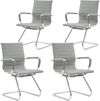 Wahson Office Guest Chairs Set of 4, Leather Reception Chairs, Mid Back Waiting Room Chair, Conference Chairs with Sled Base, Desk Chair No Wheels for Meeting/Lobby/Restroom, Grey