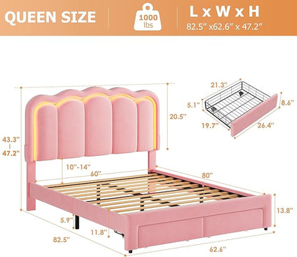 Velvet Upholstered Queen LED Bed Frame with 2 Storage Drawers and Adjustable Chic Double Wavy Headboard, Princess Platform Bed with Charing Station, Solid Wood Slats Support,No Box Spring Needed,Pink