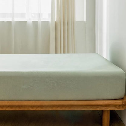 MooMee Fitted Bottom Sheet Only 100% Washed Cotton Linen Like Textured Breathable Durable Soft Comfy Deep Pocket Fits Mattress up to 17" (Sage Green, Queen)