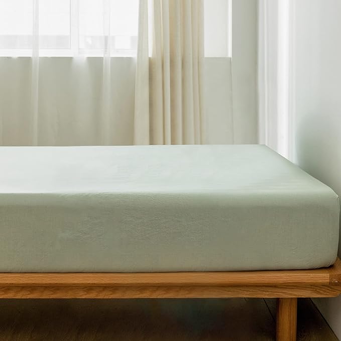 MooMee Fitted Bottom Sheet Only 100% Washed Cotton Linen Like Textured Breathable Durable Soft Comfy Deep Pocket Fits Mattress up to 17" (Sage Green, King)