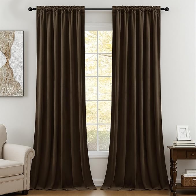 AUSSPVOCT Brown Velvet Curtains 84 Inches for Bedroom, Room Darkening Drapes Super Soft Elegant Thermal Insulated Soundproof Window Curtains for Living Room, Back Tab Rod Pocket, W52 x L84, 2 Panels